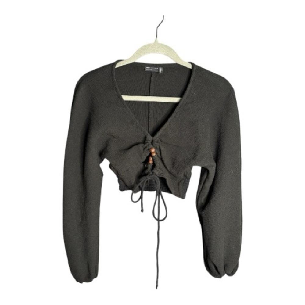 ASOS Black Long Sleeve Cropped Cinched Front V Neck Top 4